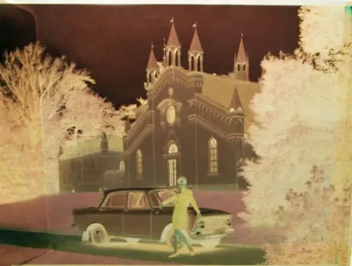 Moskwitsch 412 in Oranienbaum Wörlitzer Park 1968 Pressenegativ (10575)