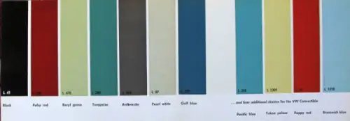 Volkswagen Käfer Modellprogramm Farbkarten 1961 Automobilprospekt (10635)