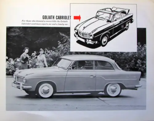 Goliath Modellprogramm 1956 "For discriminating Americans" Automobilprospekt (10656)