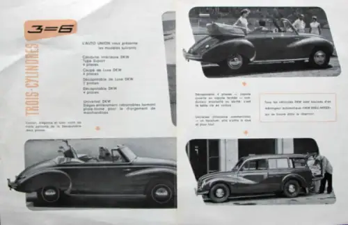 DKW 3=6 Modellprogramm 1954 "Trois Cylindres" Automobilprospekt (10699)