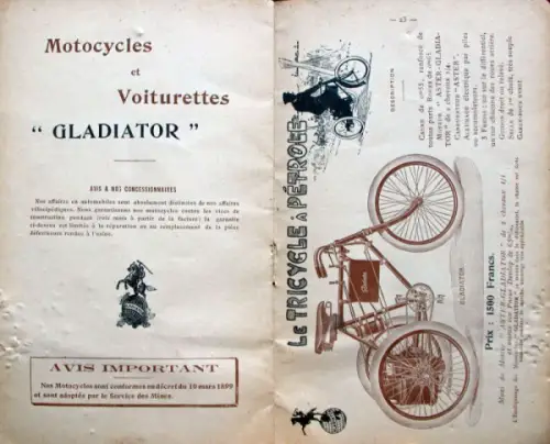 Gladiator Automobiles Cycles Modellprogramm 1900 Automobilprospekt (10773)