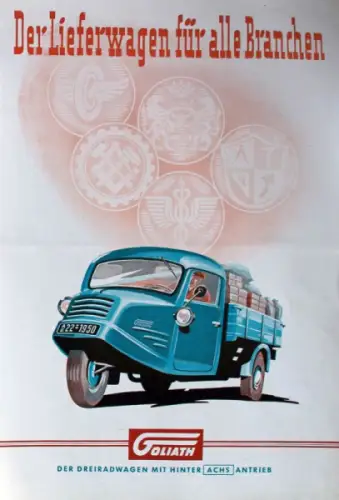 Goliath Dreiradwagen Modellprogramm 1950 "Der Lieferwagen für alle Branchen" Automobilprospekt (10948)