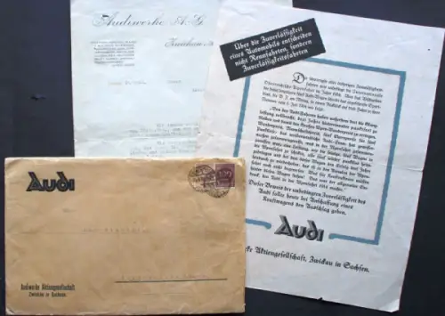Audi Modellprogramm 1923 "Zuverlässigkeitsfahrten" Automobilprospekt mit Anschreiben (10967)