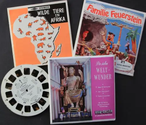 View-Master 3-D Bildmappen "Familie Feuerstein", "Tiere Afrikas", "Welt-Wunder" vier Mappen 1968 (10972)