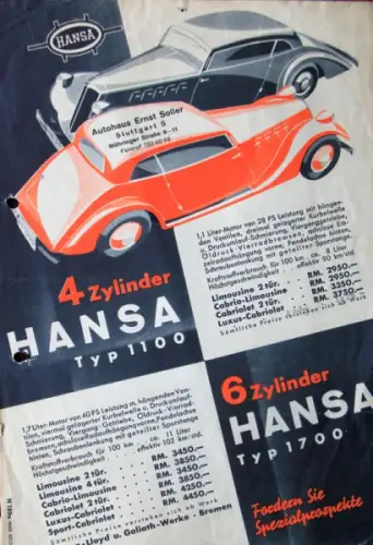 Borgward Hansa 1100 - 1700 Modellprogramm 1935 Automobilprospekt (10054)