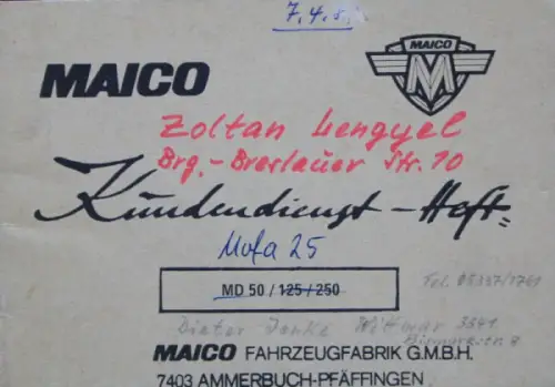 Maico MD 50 Motorrad Kundendienst-Heft 1974 (11037)