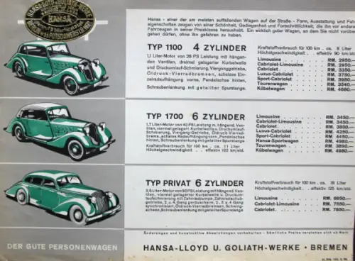 Borgward Modellprogramm 1936 Automobilprospekt (11121)