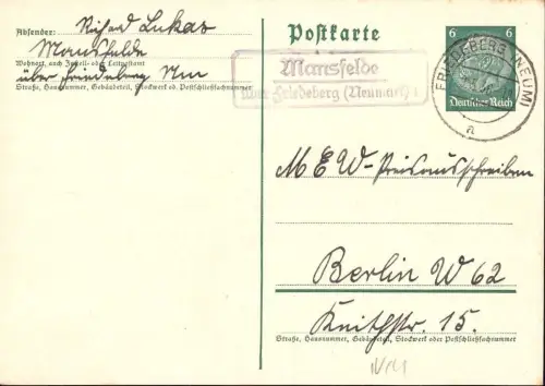 E 1492 Neumark Landpoststempel Mansfelde über Friedeberg