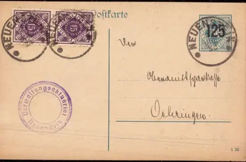 E 505 Inflation, Württemberg Stempel Dienstpost aus Neuenstein