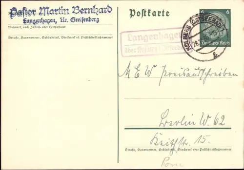 E 1522 Pommern Landpoststempel Langenhagen über Kolberg Kreis Greifenberg