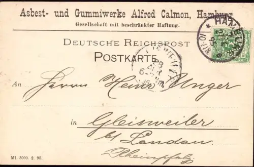 E 1166 Geschäftskarte Perfin / Firmenlochung Asbest * Gummiwerke Calmon Hamburg
