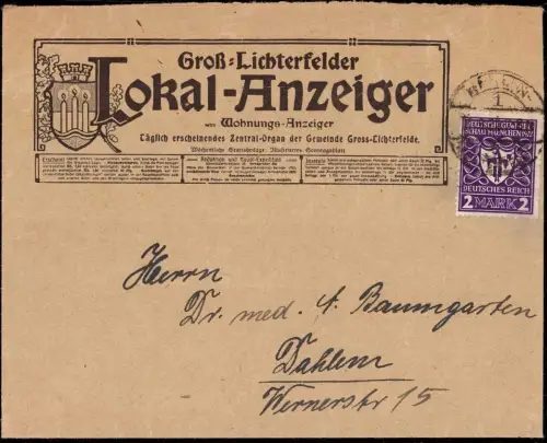 E 1179 Dekorativer Geschäftsbrief des Lokalanzeiger Berlin Lichterfelde Zeitung