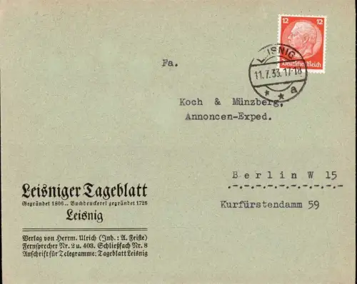 E 826 Zeitung dekorativer Geschäftsbrief des Leisniger Tageblatt, Leisnig