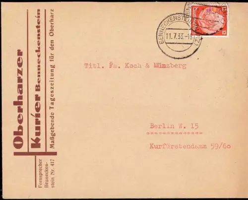 E 831 Zeitung dekorativer Geschäftsbrief des Oberharzer Kurier Benneckenstein