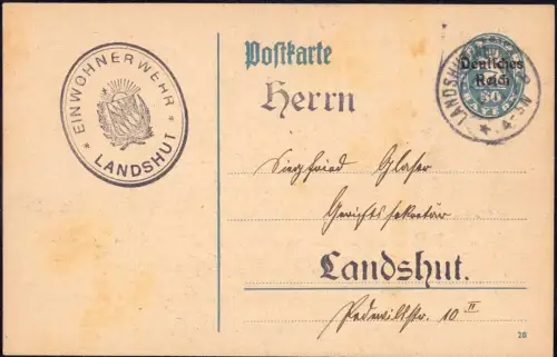 E 1649 Militaria seltene Dienstpostkarte der Einwohnerwehr Landshut mit Siegel