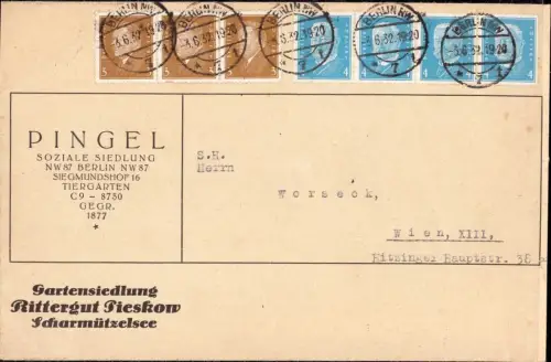 E 1211 Geschäftsbrief der Siedlung Pingel Siegmundshof Berlin Tiergarten Pieskow