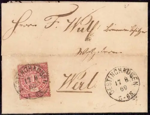 E 1553 kleiner Brief 1869 aus Ostinghausen OT Lippetal nach Werl