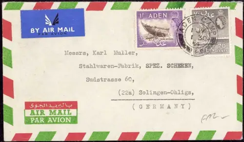E 1246 Aden Camp Brief 1954 per Luftpost nach Deutschland