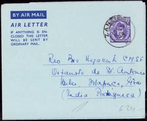 E 1251 Zansibar Aerogramme 1954 nach Mapuda Portugiesisch Indien