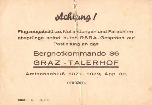 E 1759 Dokument, 1944, Bergnotkommando, Bergrettung, Fallschirm, Notlandung,