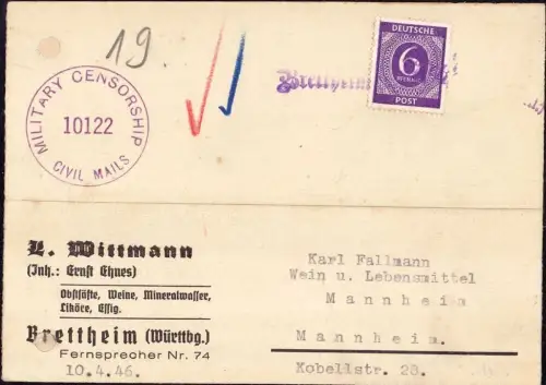 E 1253 Notstempel Brettheim auf Zensurkarte nach Mannheim