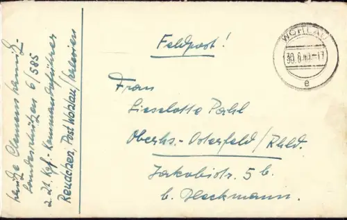 E 1655 Feldpost 1949 aus Reudchen Post Wohlau Schlesien POW Kommandoführer