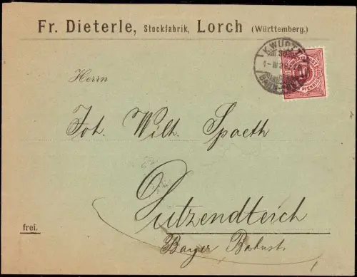E 1256 Württemberg Bahnpost auf Geschäftsbrief der Stockfabrik Dieterle in Lorch