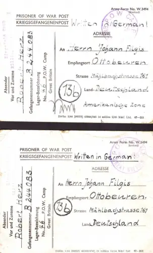 1677 Kriegsgefangenenpost POW England 2 Karten aus Lager 46 Billinghurst, Sussex