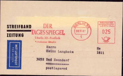 E 132, Drucksache,  Streifband per Luftpost, Zeitung der Tagesspiegel, Berlin