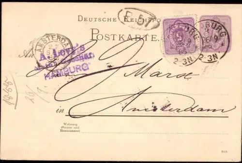 E 849 Geschäftskarte der Firma A Levi Hamburg 1888 nach Amsterdam