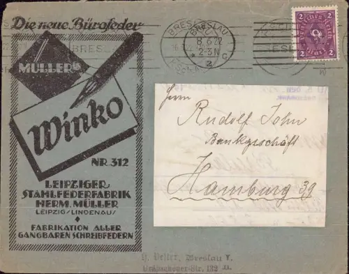 E 135, Brief, Werbung, Reklame Winko Schreibfedern, Leipzig Lindenau, Büro