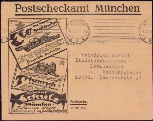 E 136, Postscheckbrief 1922, Werbung für Triumpf Schreibmaschine, Büro, München