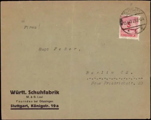 E 858 dekorativer Geschäftsbrief der Firma Schuhfarbik Levi Stuttgart