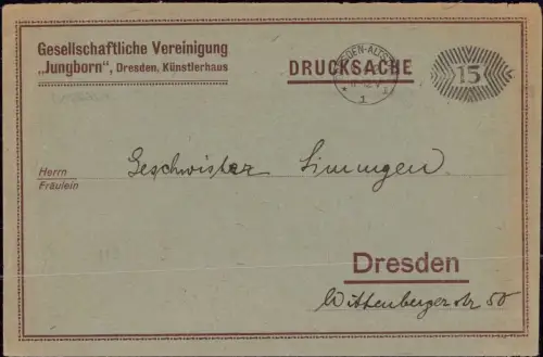 E 139, Brief der Vereinigung Jungborn, Dresdem Künstlerhaus, Freistempel