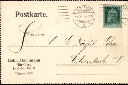 E 870 Geschäftskarte der Firma Gebrüder Bachmann Nürnberg
