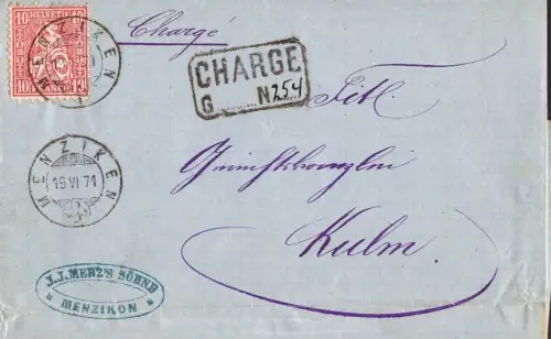 E 1658 Sitzende Helvetia Einschreiben 1871 der Firma Merz`s Söhne aus Menziken