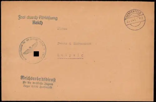E 873 Dienstbrief Frei durch Ablösung Reichsarbeitsdienst RAD Lager Henfenfeld