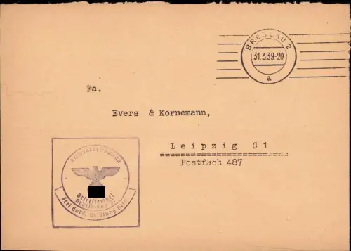 E 875 Schlesien Dienstbrief Reichsarbeitsdienst Breslau