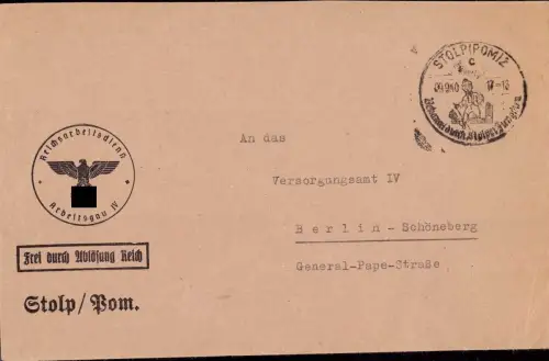 E 879 Pommern Dienstbrief Frei durch Ablösubg Reichsarbeitsdienst Stolp