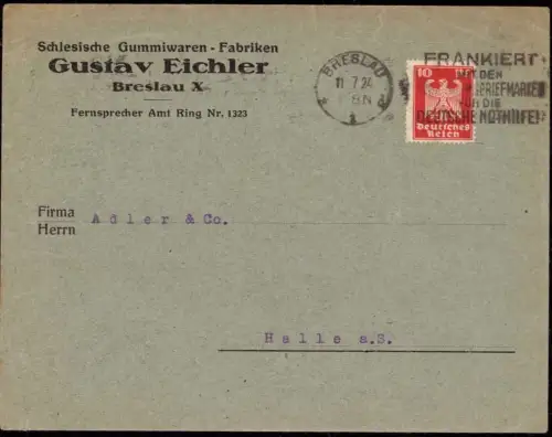 E 886 Schlesien Geschäftsbrief der Gummiwarenfabrik Eichler Breslau
