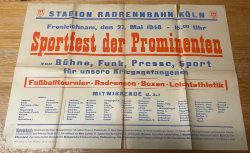 E 1696G Radrennbahn Köln Plakat und Programm Sportfest der Prominenten 1948 POW