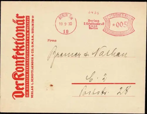 E 916 Geschäftsbrief der Textilzeitschrift der Konfektionär Berlin Schottlaender