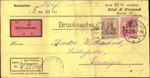 E 339, Schlesien, Firmenlochung Perfin Bial & Freund, Breslau, Judaica