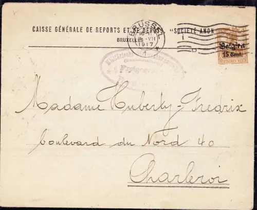 E 397 Firmenlochung Perfins, Deutsche Besetzung Belgien, Bank, Zensur