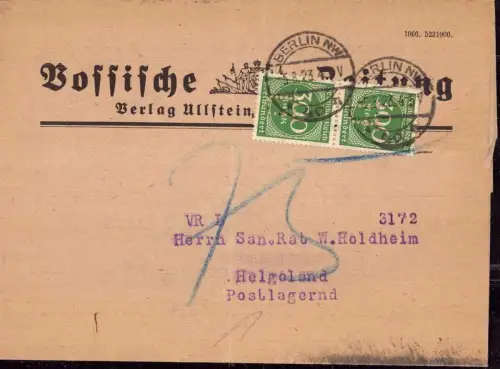 E 371, Inflation, Firmenlochung Perfins, Vossische Zeitung Berlin nach Helgoland