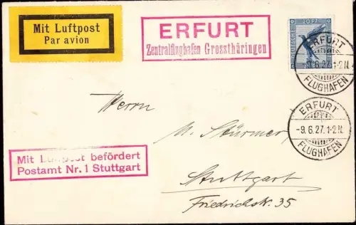 E 1229 Brief portogerecht per Luftpost 1927 von Erfurt nach Stuttgart