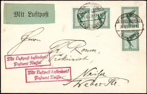 E 1233 Schlesien Brief Luftpost 1927 von Hirschberg nach Neisse Oberschlesien