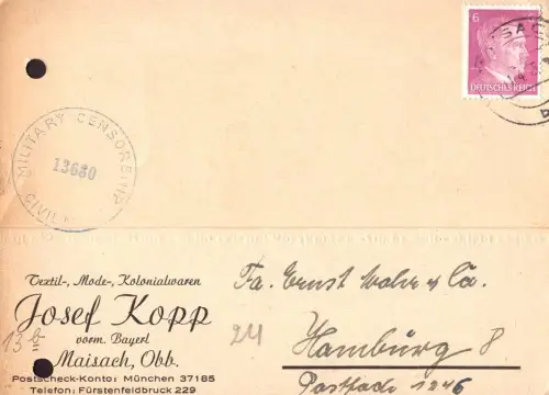 E 1698 Eine, von der Front überrollte, Karte mit amerik Zensur aus Maisach / Obb