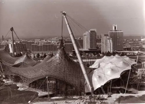 E 539 Olympia Stadion Mümchen im Bau, 3 Architektur Fotos 17,5 x 12,5 cm, Sport
