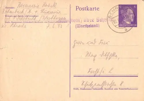 E 1699 Westpreussen Wartheland Ganzsache Posthilfsstelle Adelstedt über Schroda 